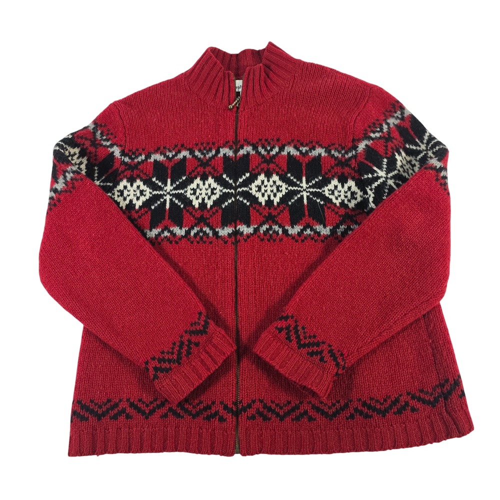 Croft & Barrow Red Fair Isle Snowflake Zip Up Wool Sweater Women's Large